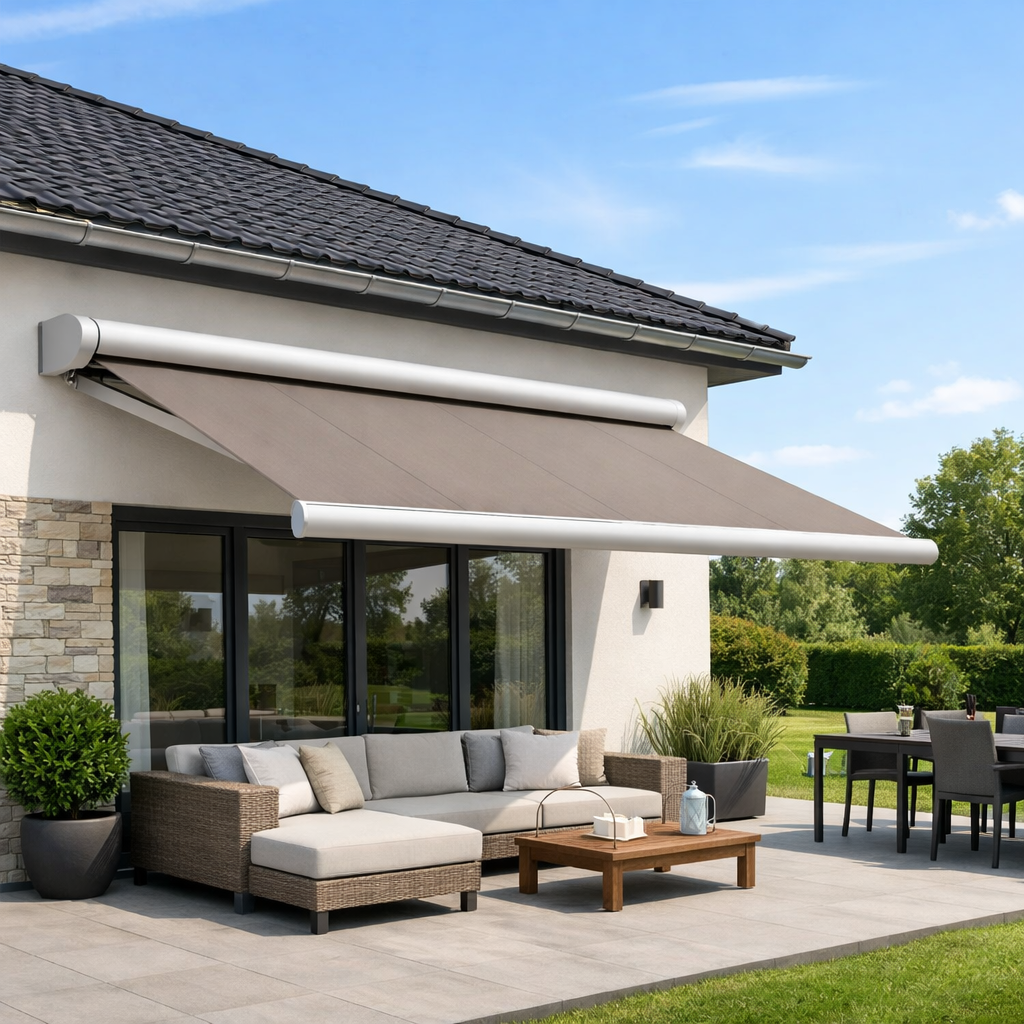 Store de terrasse avec coffre alu - manœuvre électrique
